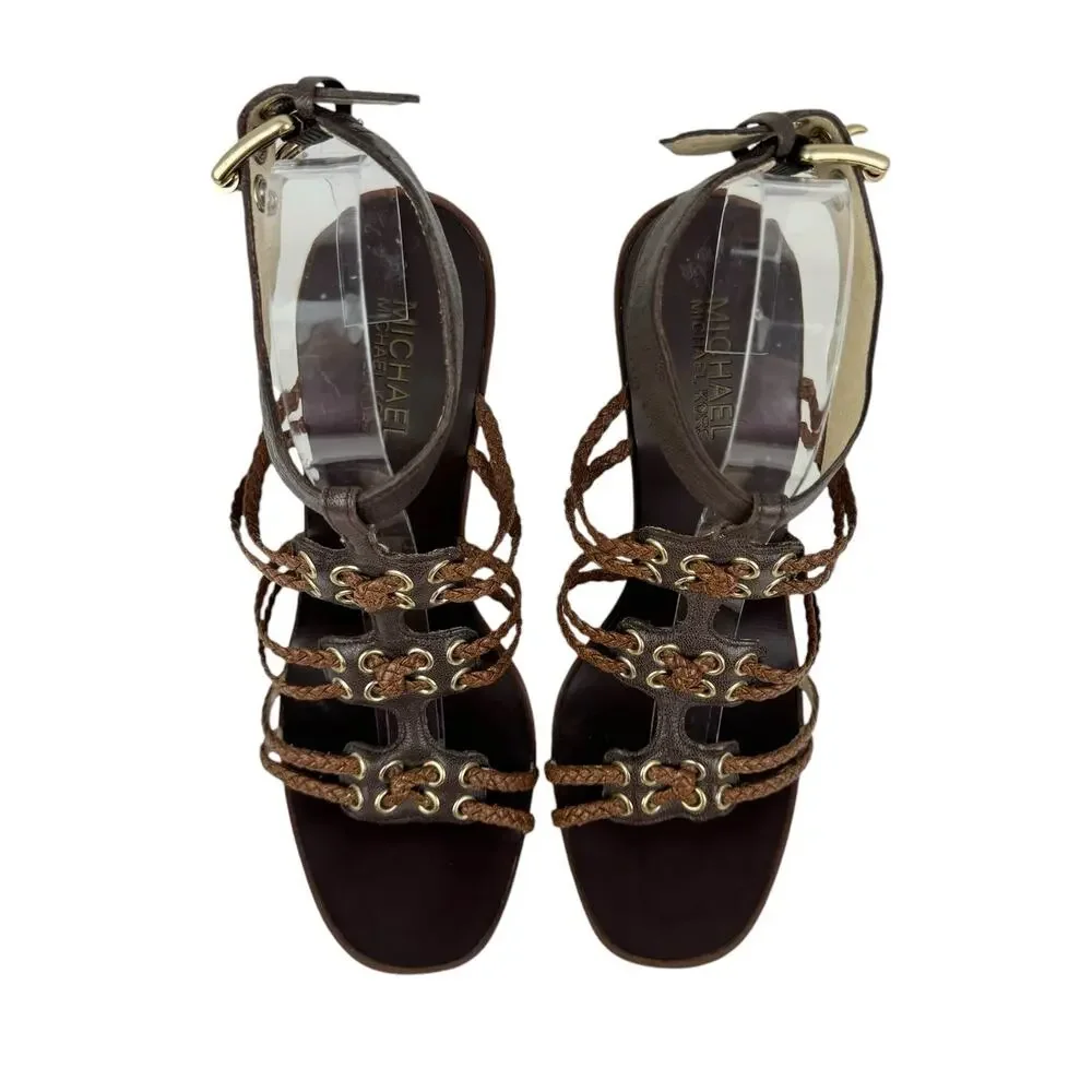 MICHAEL Michael Kors Dark Brown Leather Braided Strap Cone Heel Sandals